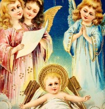 Peaceful Christmas Baby Jesus 1910 Postcard Embossed Gold Stars Angels P... - £27.41 GBP