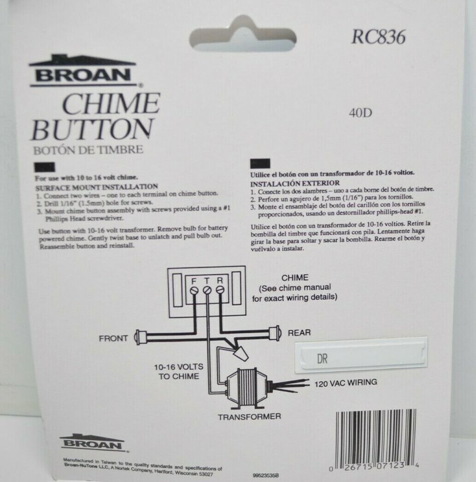 NEW BROAN NuTone RC836 Solid Brass Lighted Door Chime Button Surface