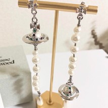Vivienne Westwood Long Pearl Earrings Silver White Orb Drop Engraved Ladie - £124.87 GBP