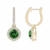 Lab-Grown Emerald Dangle Earrings with Diamond Halo in 14K Gold (6mm, 1.5 Ct) - £1,622.20 GBP
