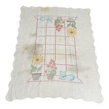 Vintage Floral Kitty Cat Embroidered Tablecloth STAINED for Restoration ... - $37.39