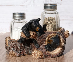 Rustic Forest 2 Black Bear Cubs Playing By Tree Logs Salt Pepper Shakers Holder - £22.67 GBP