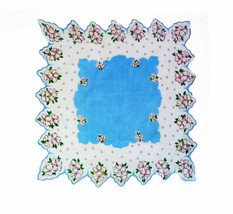 1950s Periwinkle Blue Lace Shaped Linen Handkerchief Polka Dot White Pink Dogwoo - £9.57 GBP