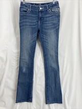 Harley Davidson Size 4 Women&#39;s Rhinestone Thick Stitch Blue Denim Jeans - £16.75 GBP