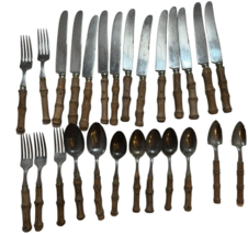 Vtg 60s Bamboo Handle Flatware 26pc Mitsuboshi MCM Stainless Steel Cutle... - £39.31 GBP