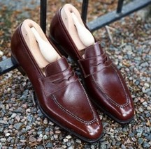 Handmade leather loafers burgundy premium quality leather dress shoes fo... - $159.99+