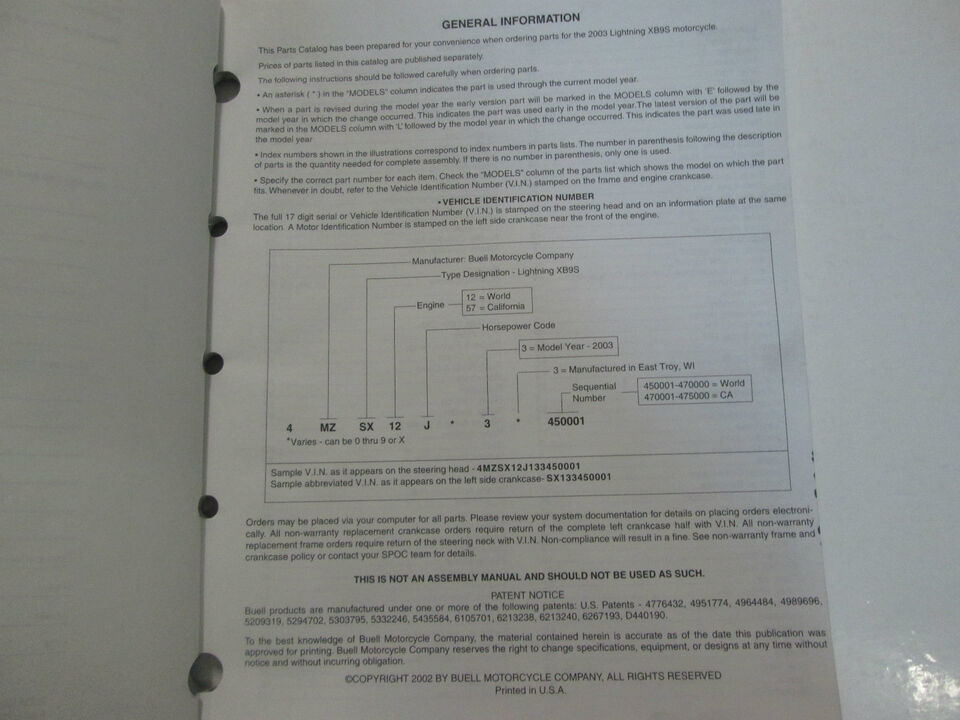 2003 Buell Lightning XB9S Models Parts Catalog Factory Manual OEM Book New-
s... Item image 2