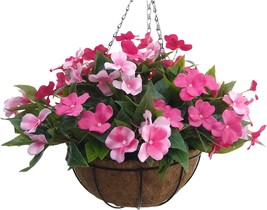 Rose Red Artificial Flower Hanging Basket With Chain Artificial Plant For Patio - £42.41 GBP