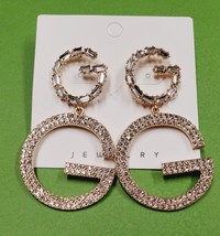 3.5&quot; Gold Toned Initial Letter G SPARKLY Rhinestone Earrings 3 1/2&quot;x1-1/2&quot; w/Box - £9.38 GBP