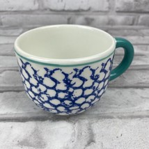 Coffee Mug Blue White Honeycomb Pattern Turquoise Handle &amp; Rim Made In I... - $10.22