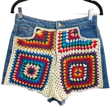 Farm Rio Crochet Denim Shorts Blue Size M High Waisted Raw Hem Patchwork Boho - £85.66 GBP