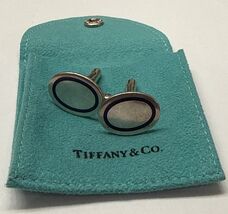 Tiffany &amp; Co Silver Blue Stripe Enamel Circle Cuff Link Cufflink Signed ... - $148.50