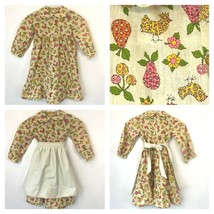 1970s Girls Prairie Dress with Apron size XS 4? Pear Chicken Cherry Print Vtg KC - £30.29 GBP