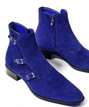 Men High Ankle Blue Color Triple Buckle Straps Monk Suede Leather Boots ... - £141.63 GBP