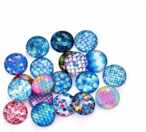 8 Mermaid Scale Cabochons 12mm Circle Flat Domed Dragon Scale Flatbacks Glass