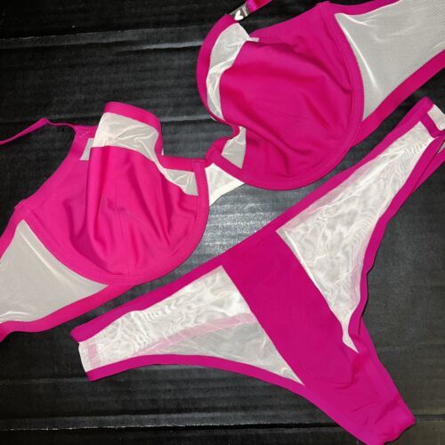Victoria&#39;s Secret unlined 32DDD BRA SET M thong Beige HOT PINK Fuchsia mesh - $59.39