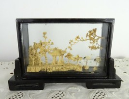 Vintage Chinese Carved Cork Diorama 3D Scene Under Glass Pagoda Storks Crane - £25.70 GBP