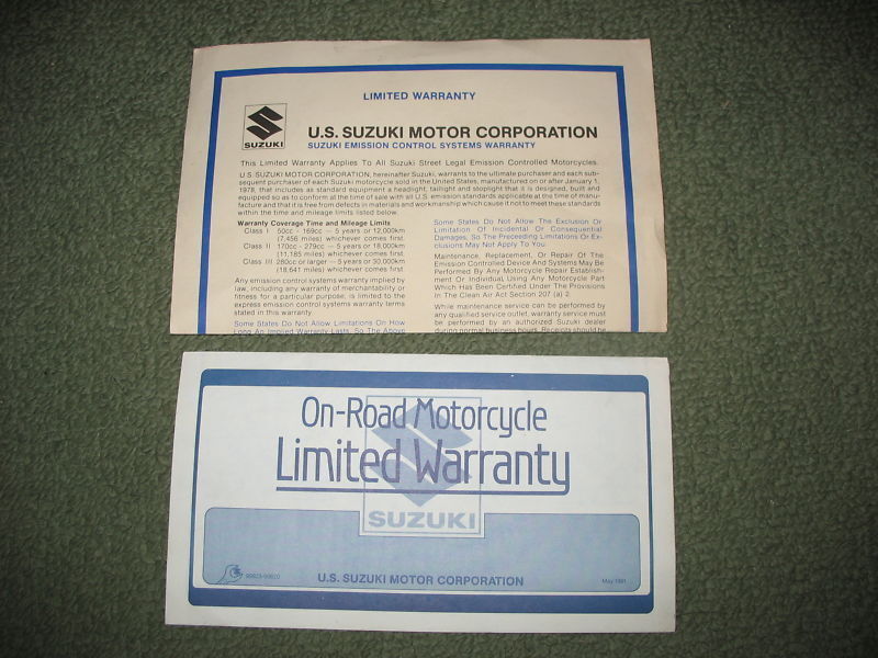 1982 82 SUZUKI WARRANTY PAPERWORK - $7.48