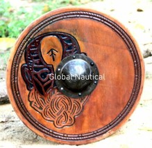 Wooden Viking Round Shield 24 Inches Hand Carved Floki Viking Wooden Shield  - £210.47 GBP