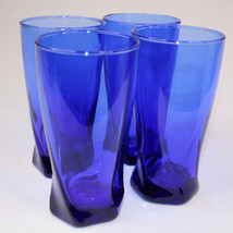 Vintage Tumblers Cobalt Blue Glass Twisted Hexagon Drinking Glasses Swir... - $26.92