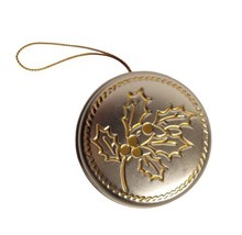 Hallmark Round Tin Christmas Ornament Silver &amp; Gold Embossed Holly HTF Rare EUC - £6.32 GBP