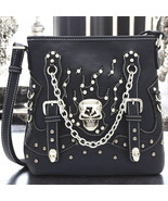 Gothic Skull Chain Crossbody Bag Black Faux Leather Punk Rock Stud Purse - $45.53