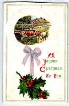 Christmas Postcard Cattle Cows On Farm Holly Vintage 1910 Embossed Series 630 - £8.80 GBP