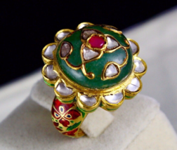 Natural Colombia Emerald Ruby Cabochon Flat Diamond 22K Gold Jadau Cocktail Ring - £5,163.83 GBP