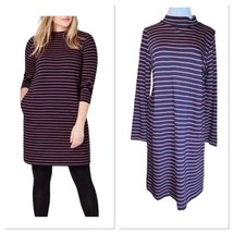 J Jill Dress Womens M Navy Blue Coral Stripe Long Sleeve Stretch Pockets Comfort - £12.83 GBP