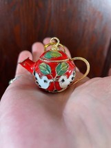 Red Enamel on Metal Mini Teapot White Black Birds Green Leaves Teapot Ornament - £7.00 GBP