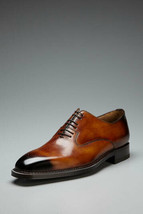 Men&#39;s Shiny Brown Color Burnished Derby Toe Vintage Leather Laceup Formal Shoes - £125.89 GBP