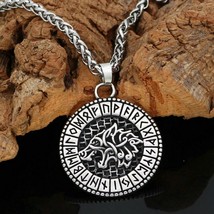 Viking Fenrir Necklace Silver Stainless Steel Norse Wolf Rune Pendant and Chain - £19.66 GBP