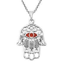 Hamsa Hand with Evil Eye Synthetic Red Coral Inlaid Sterling Silver Necklace - £25.25 GBP