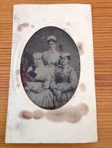 Antique 1800s Tintype Photograph Three Women Portraits Dresses Hats Buttons Bows - £32.04 GBP