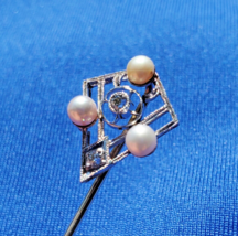 Earth mind Diamond Art Deco Gatsby era Pin Antique Pearl Filigree 14k White Gold - $1,325.25