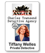TIFFANY WELLES CHARLIE&#39;S ANGELS NAME BADGE TAG HALLOWEEN COSPLAY PIN BACK - $20.84 CAD
