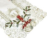 Holiday Holly Leaf Table Runner Red Embroidered Cut Work Topper Linen De... - $29.95
