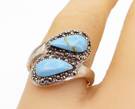 925 Sterling Silver - Vintage Turquoise &amp; Marcasite Band Ring Sz 7.5 - RG4077 - £26.53 GBP