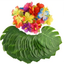 Tropical Palm Leaves And Silk Hibiscus Flowers Party Decor, Artificial Monstera - £30.81 GBP