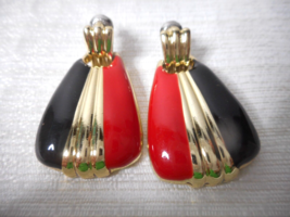 Vtg Art Deco Revival Style Black Gold Red Enamel Dangle Stud Earrings 1 1/2&quot;Long - £11.18 GBP