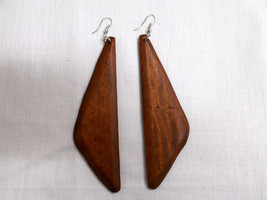 Bohemian Rich Brown Stained Wood Triangle Geo Shaped Flat Wooden Earrings 4 1/2&quot; - £5.57 GBP