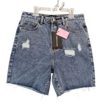NWT PrettyLittleThing Vintage Wash Ripped Longline Fitted Denim Jean Sho... - $28.00