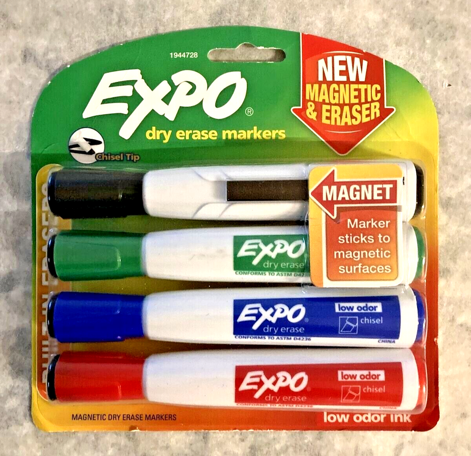 EXPO Set of 4 Magnetic Dry Erase Markers &amp; Eraser w/ Chisel BLACK GREEN ... - $5.86
