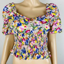 Zara Bright Bold Colored Floral Sweetheart Neckline Puff Sleeve Women&#39;s L Top - £42.47 GBP