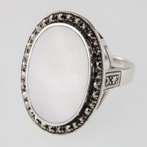 Large Mother of Pearl Sterling Silver Marcasite Ring Size 10.25 - £62.49 GBP