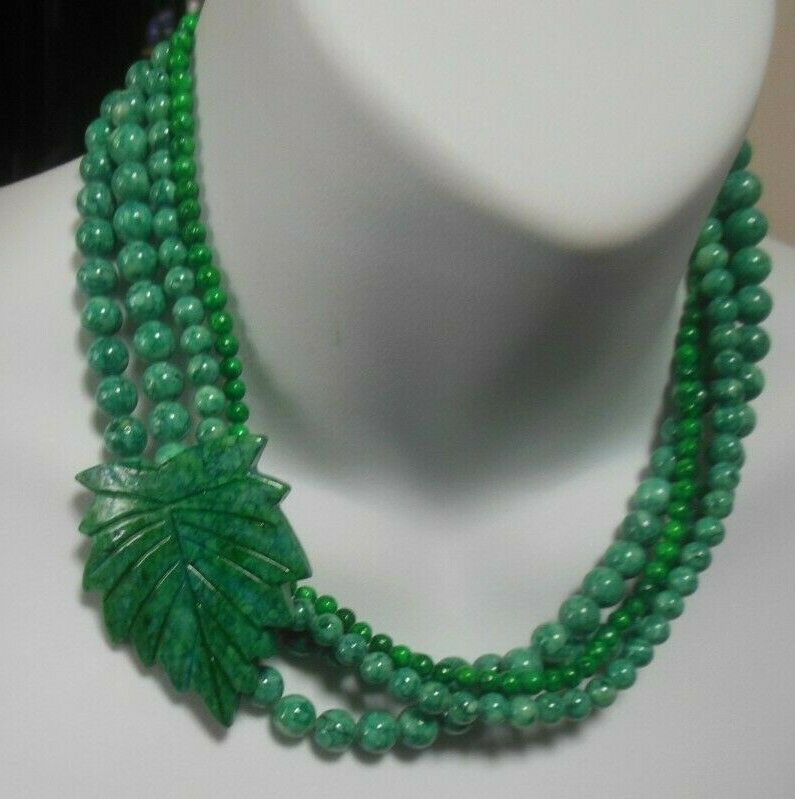 Primary image for Vintage Heavy Green Marbled Stone Glass Multi-strand Carved Leaf Necklace