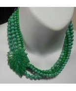 Vintage Heavy Green Marbled Stone Glass Multi-strand Carved Leaf Necklace - £116.53 GBP