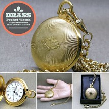 GOLD Pocket Watch Solid Brass 42 MM with Fob Link Chain and Gift Box Unisex P257 - £18.37 GBP