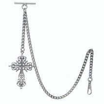 Silver Plated Pocket Watch Albert Vest Chain Cross Fob T Bar Albert Swivel Clasp - $15.29