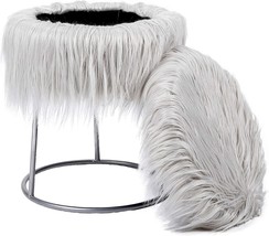 Birdrock Home Round Grey Faux Fur Foot Stool Storage Ottoman, Fluffy Makeup Seat - £70.33 GBP